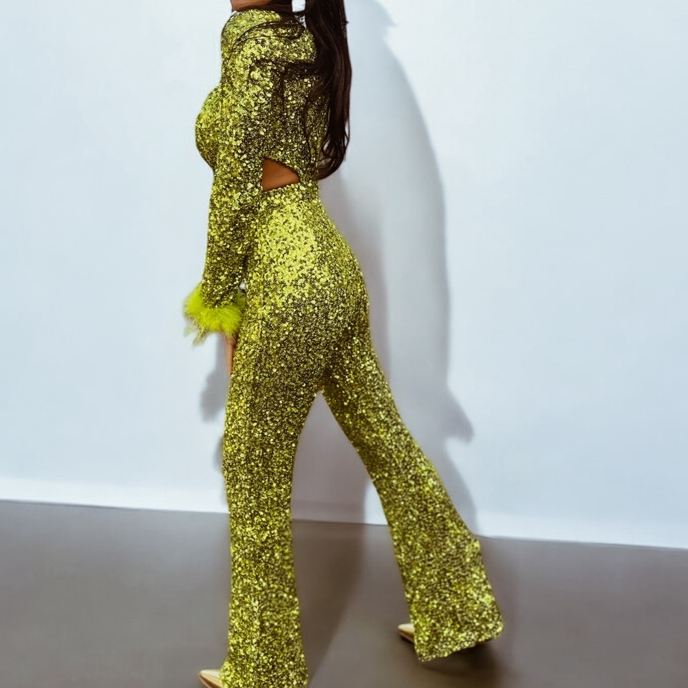 Green Disco Queen Festival Jumpsuit, Studio 54 Jumpsuit, Flared Leg Jumpsuit - Picture 4 of 10